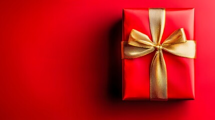 Red Wrapped Gift Box with Gold Ribbon on a Vibrant Red Background for Celebratory Occasions