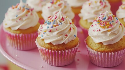 Delicious vanilla cupcakes with colorful sprinkles on a pink tray.