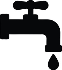 Water tap icon, silhouette icon with a single drop of water dripping from the spout. Perfect for plumbing, water conservation, or hygiene related projects.