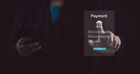 Online banking and digital payment confirmation concept. Businessman selects confirm button on virtual payment interface using touchscreen to complete secure transaction on mobile device.