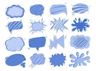 Set of comic speech bubbles without words in Pop art in the style of the 90s in blue colors. Vector Comic-cartoon sound bubble for stickers, postcards, decor