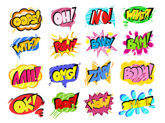 Pow comic speech bubbles set with the words -Pow, OMG, Wow, Oops and others. Pop art in the style of the 90s in bright colors. Vector Comic cartoon sound bubble speech.
