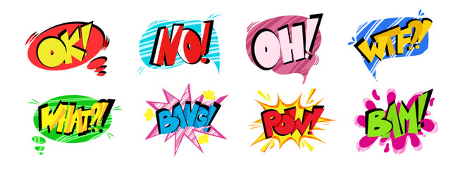 Pow comic speech bubbles set with the words -OK, NO, WTF, BAM and others. Pop art in the style of the 90s in bright colors. Vector Comic cartoon sound bubble speech.