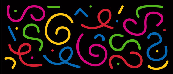 Bright abstract pattern on a black background. The composition consists of a combination of different curved lines, dots and squiggles.