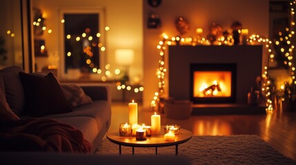 Cozy living room with fireplace, candles, and fairy lights at night.