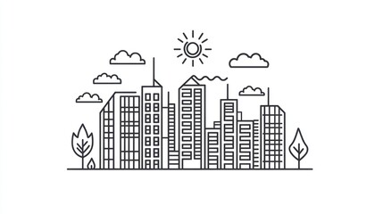 Naklejka premium Simple Line Drawing Cityscape with Sun and Clouds. Possible use Stock photo for presentations, illustrations, or websites related to urban planning, architecture, or design
