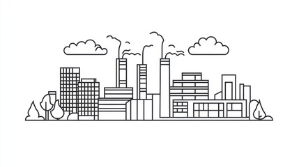 Industrial city line art illustration, urban skyline, factory buildings, smoke stacks, background for design