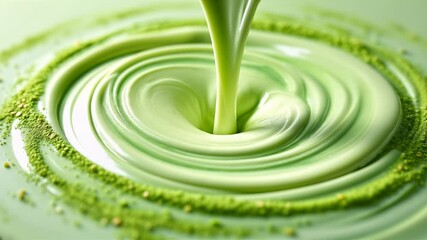 Pouring smooth green matcha liquid creates mesmerizing ripples close up. Creamy green tea sauce or melted chocolate swirling - Powered by Adobe
