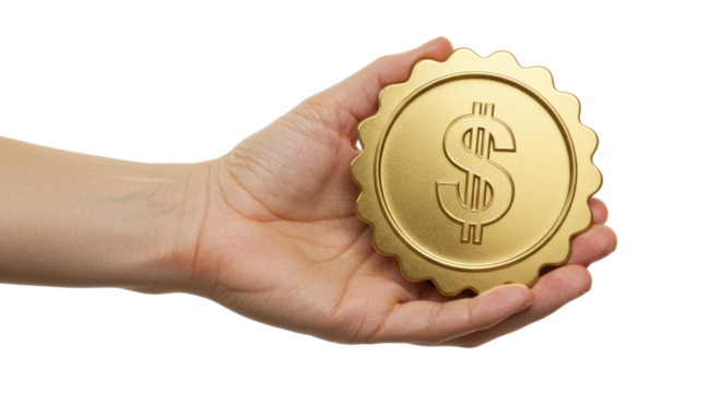 Isolated Hand Holding Gold Dollar Coin