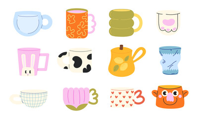 Colorful Set of Cute and Quirky flat Mug Illustrations