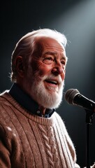 Smiling elderly man singing into microphone under spotlight