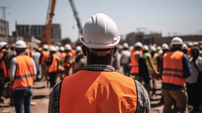 Construction Worker Safety Helmet Back View Many Workers on Site - Powered by Adobe