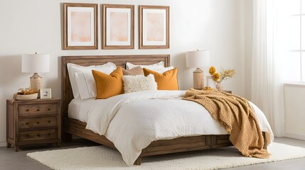Cozy Bedroom Interior Featuring Wooden Furniture, Soft Bedding, and Warm Accents in Natural Light
