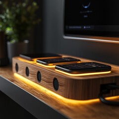 Wooden charging station with three smartphones.