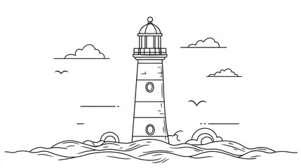 Lighthouse on the ocean waves, simple line art illustration