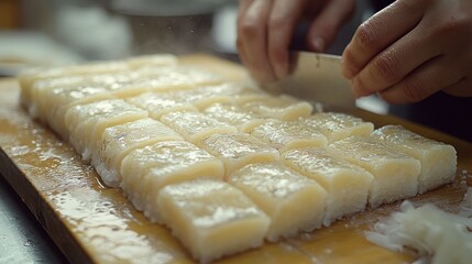 Chef slicing sushi rice squares on wooden board in restaurant kitchen