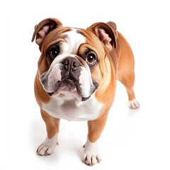 Obraz premium Charming Bulldog Standing on White Background with Expressive Eyes and Playful Stance