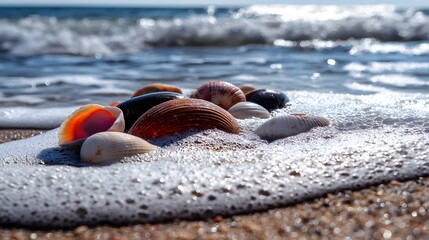 Colorful Seashells on a Sandy Beach with Gentle Waves and Ocean Foam Under Bright Sunlight