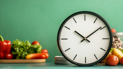 Fresh vegetables and clock on green background, symbolizing healthy eating and time management