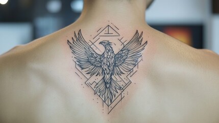 Geometric phoenix tattoo rising urban studio body art contemporary environment close-up creative expression