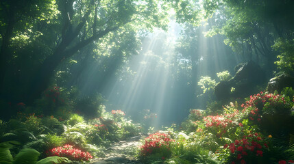 Sunlit Forest Path with Red Flowers
