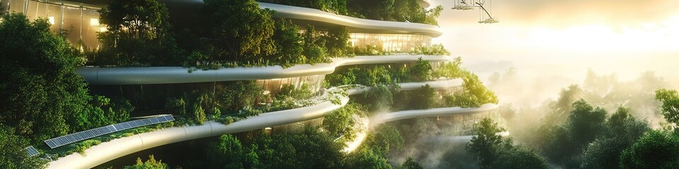 Futuristic Eco-City: Curved Architectural Complex with Photovoltaic Aurora Sunset Reflections. Vertical Forests Intertwine with Aerial Tracks, Floating Glass Energy Conduits. Fluid Dynamic Light Effec