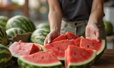 Artfully Arranged Red Watermelon Slices on Rustic Wooden Surface