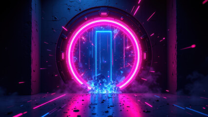 Futuristic cyber portal with neon lights and advanced tech design, representing digital security.