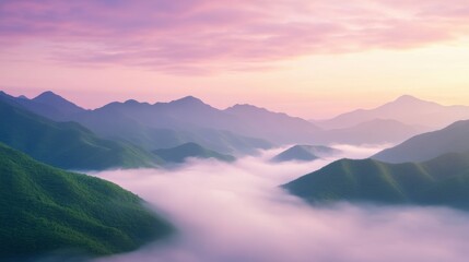 Naklejka premium Serene mountain landscape with misty valley at sunrise