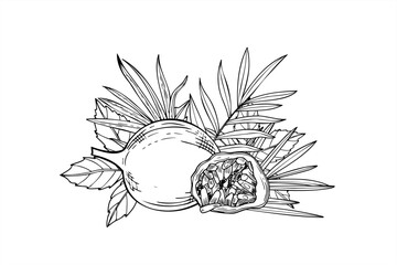 Vector tropical maracuja fruit with palm leaves hand drawn illustration painted by black inks. Whole and half passion with pulp Passiflora plant engraving drawing for menu or dessert package design