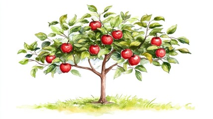 Abundant red apples on tree, garden setting, fall harvest, healthy food illustration