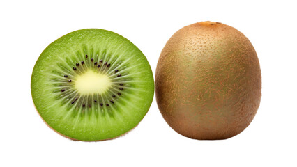 Fototapeta premium One whole unpeeled fresh kiwi with fuzzy skin next to a sliced kiwi with green flesh and small black seeds