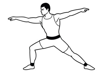 Line Art Man in Warrior Yoga Pose with Arms Extended