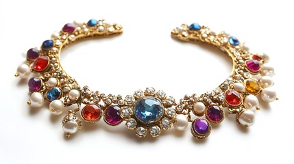 Obraz premium A necklace and earring set with a floral design. The set is adorned with jewels and pearls in gold and pastel colors.