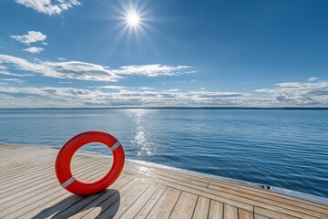Serene lakeside view with lifebuoy on wooden dock under bright sun
