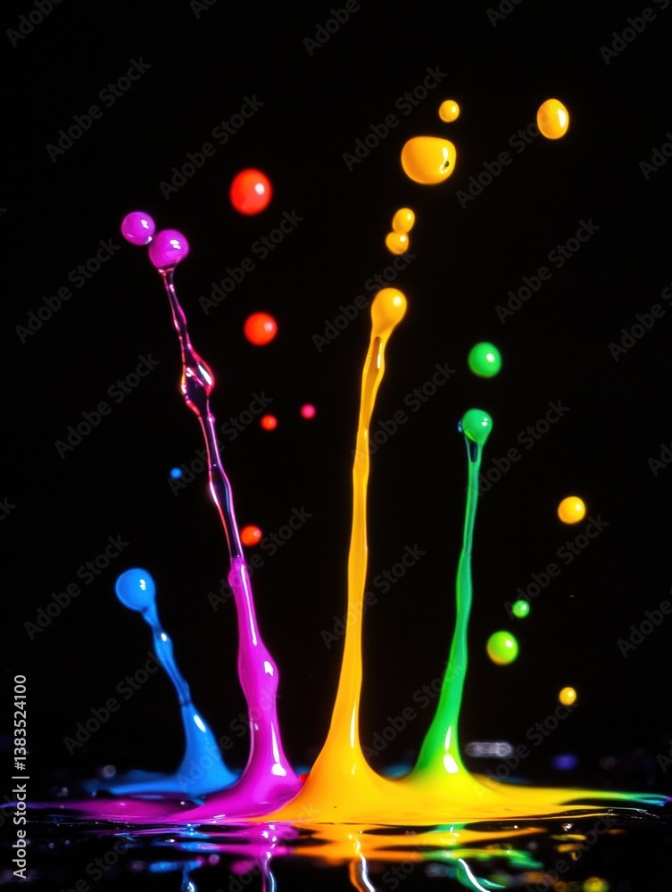 Poster floating gasoline droplets captured with high-speed photography showcasing bright neon colors in a d