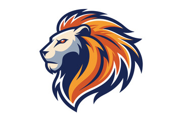 Lion Head Mascot Logo with Angular Mane in Navy and Orange on White Background