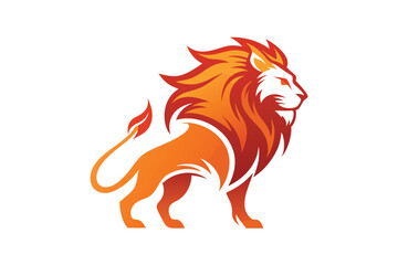 Lion Logo Standing Side View with Fiery Orange and Red Mane on White Background