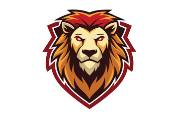 Lion Head Mascot Cartoon with Red Eyes and Burgundy Border on White Background