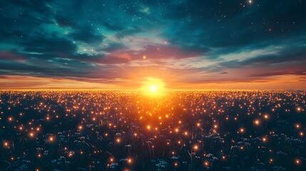 Fototapeta premium Vast field illuminated by sunset, glowing lights