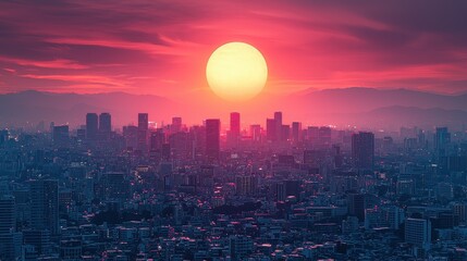 Obraz premium A cyberpunk skyline, silhouetted against a glowing, neon-infused sunset, where streaks of electric pink and deep violet merge to create a breathtaking vision of the future. 
