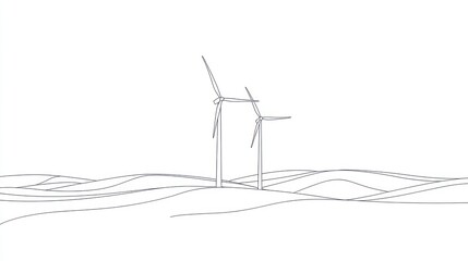Outline Wind Turbines on Hilly Landscape. Possible Use Stock photo for environmental, renewable energy, or design concepts