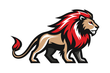 Colorful Standing Lion Mascot with Red Mane and Tail on a White Background