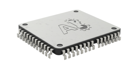 Isolated Computer Chip with Gear Symbol and AI Logo