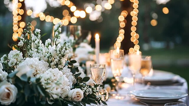 Elegant table setting for a wedding reception with flowers and string lights