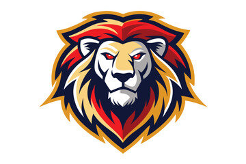 Lion Head Fierce Mascot with Red Eyes, Navy Blue and Gold Outline on White