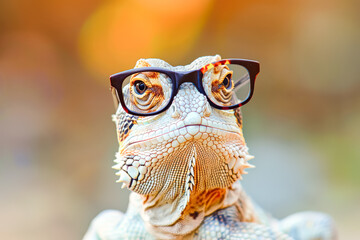 Lizard wearing glasses is staring at the camera
