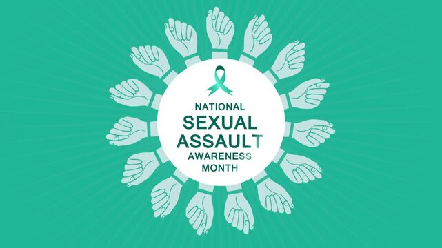 National Sexual Assault Awareness Month Creative Vector Banner with hands background and teal ribbon