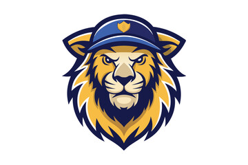 Furious Lion Head Mascot, Blue Police Hat, Golden Mane, Serious Expression