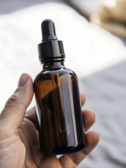 Naklejka premium Close-Up Of Amber Dropper Cosmetic Bottle Held By Hand, Minimal Skincare Packaging Design In Natural Light With Soft Background
